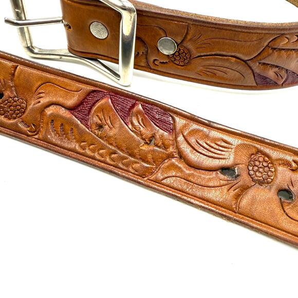 Vintage Western Cowboy Belt 30 Brown Tooled Leather Name Eugene M Hand Painted - Picture 9 of 10